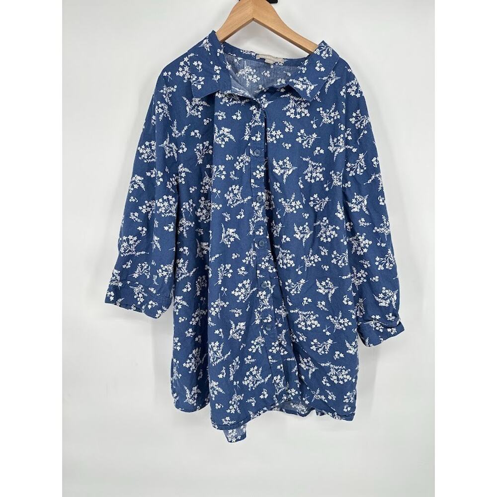 Floral Womens Button Top Blue Size 3X Boho Bloomcore Peasant Romantic Modest
